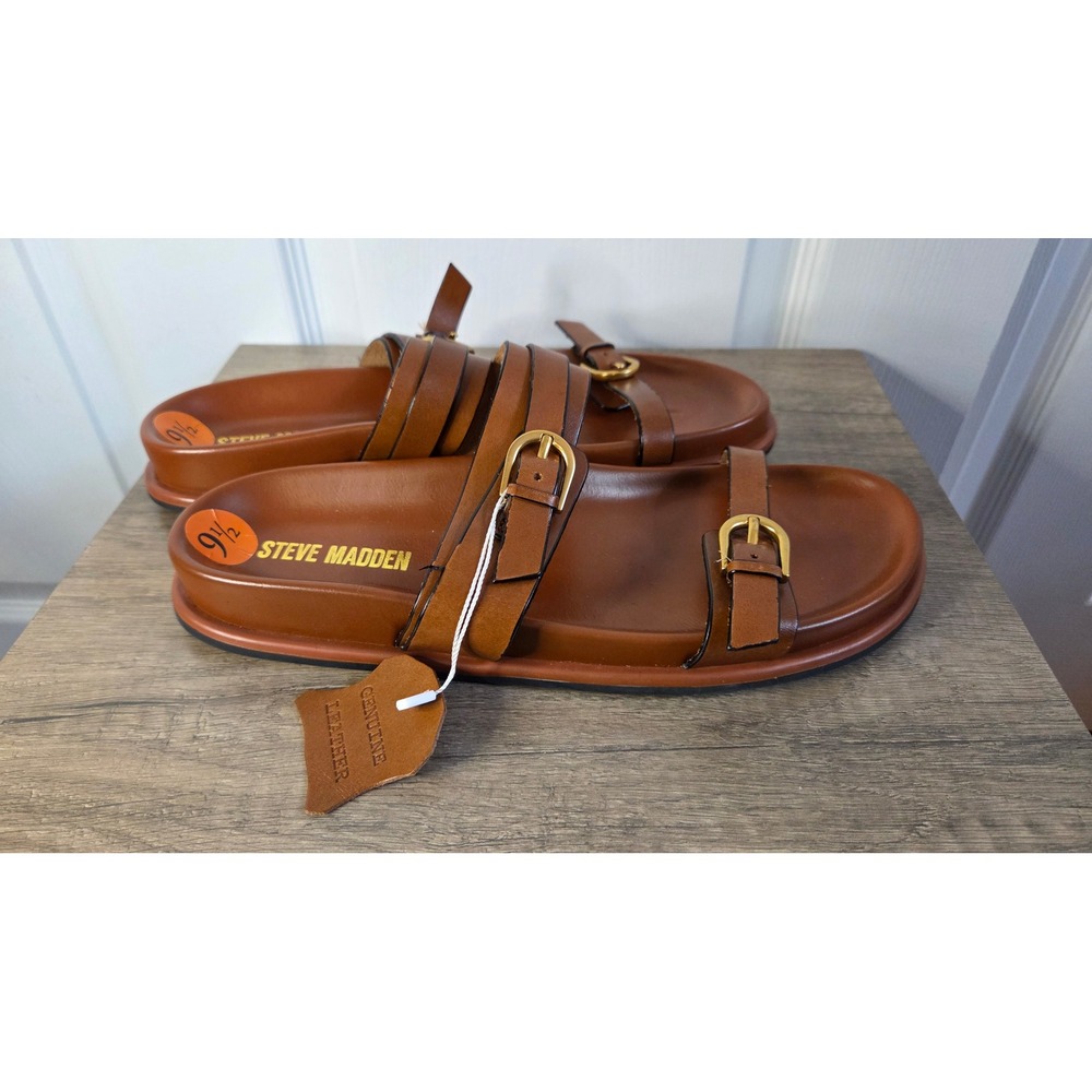 Steve Madden Brown Leather Double Buckle Slide Sandals-worn twice - Picture 2 of 5